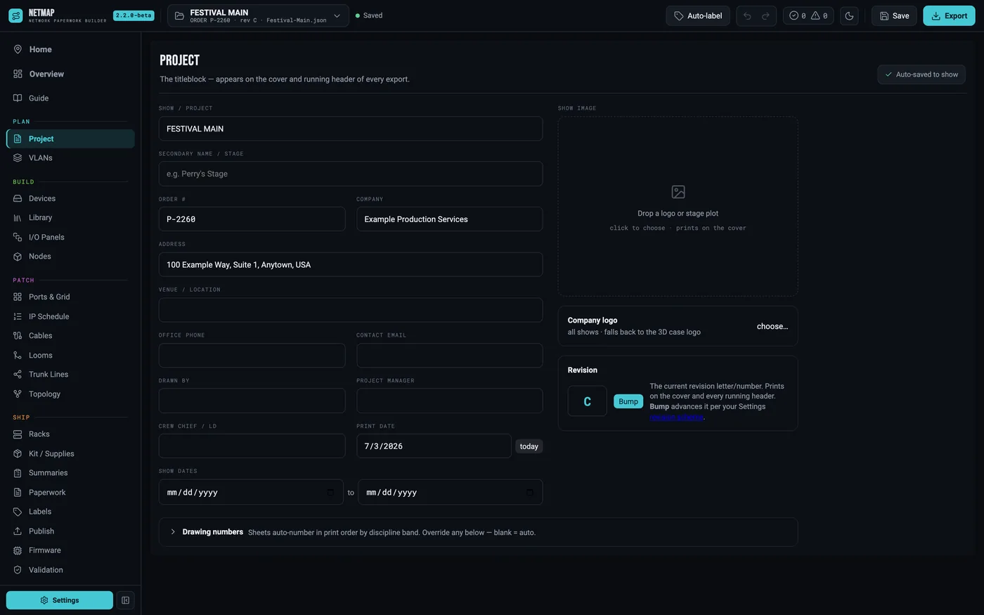 Project tab with the show title block: name, client, order number, dates, designer