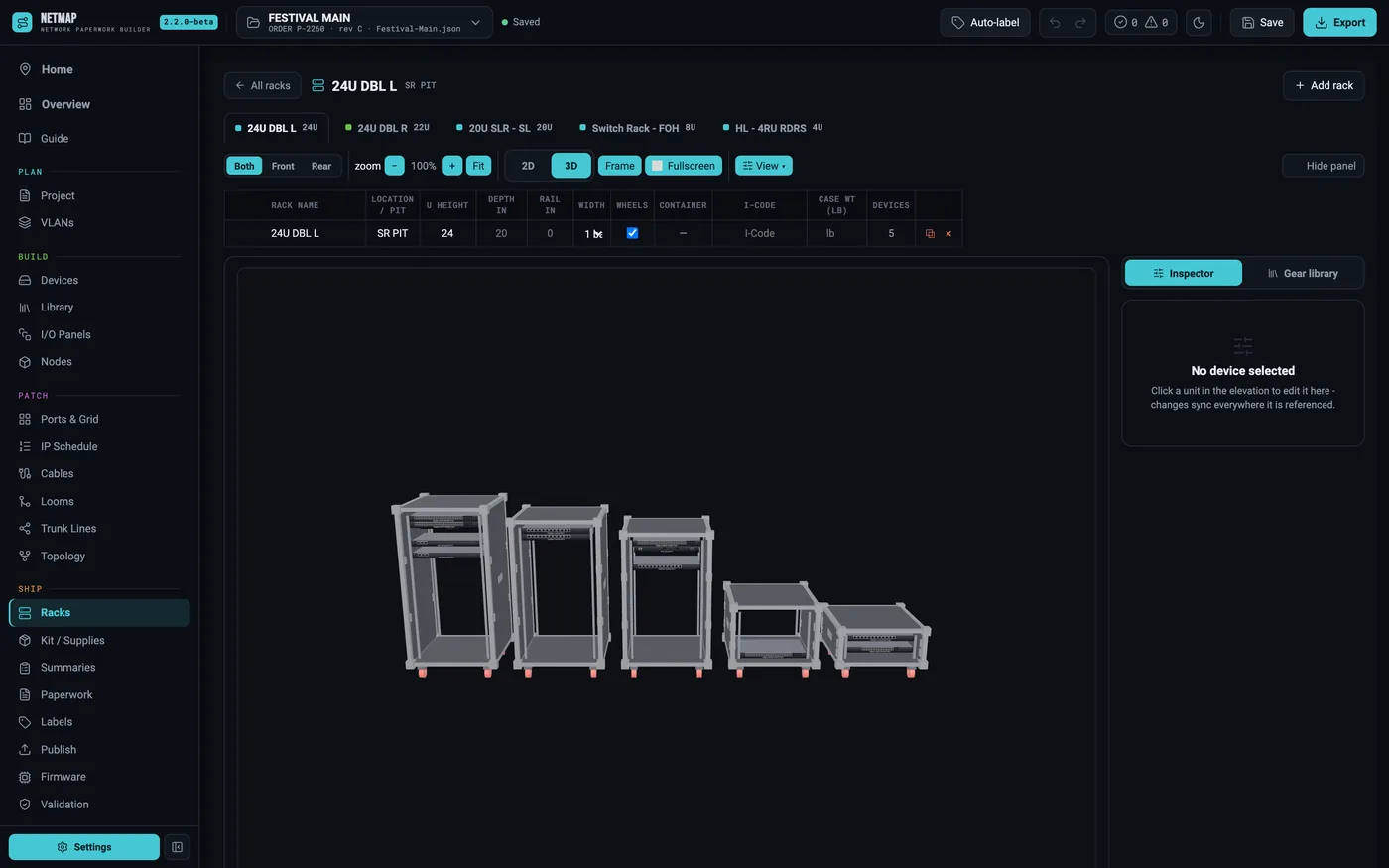 3D rack render orbited to a three-quarter angle with faceplates on
