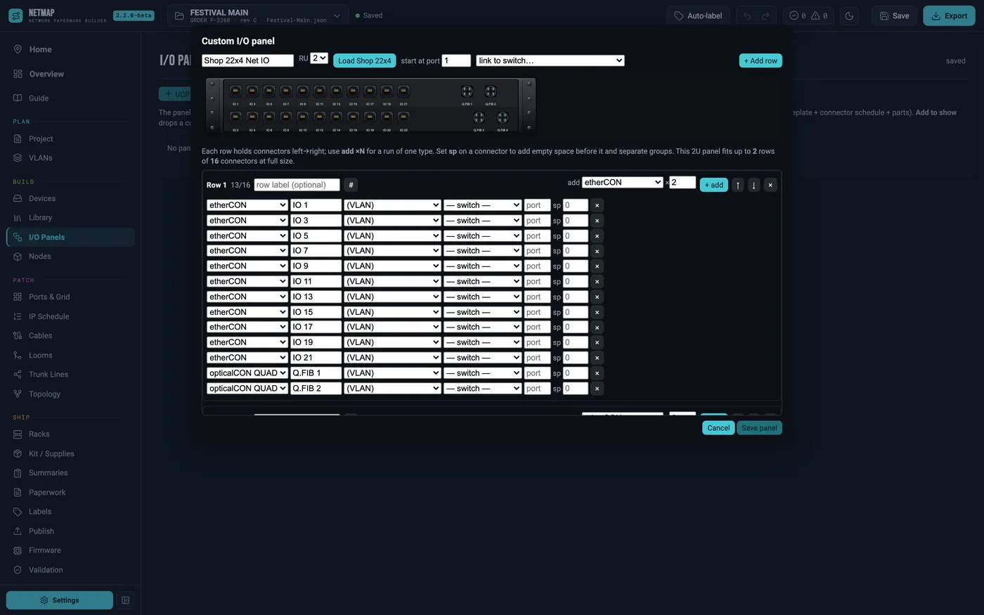 I/O panel editor with a three-wide custom panel open