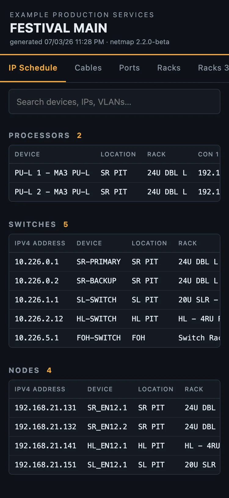 Published show on a phone: the IP schedule tab of the crew page