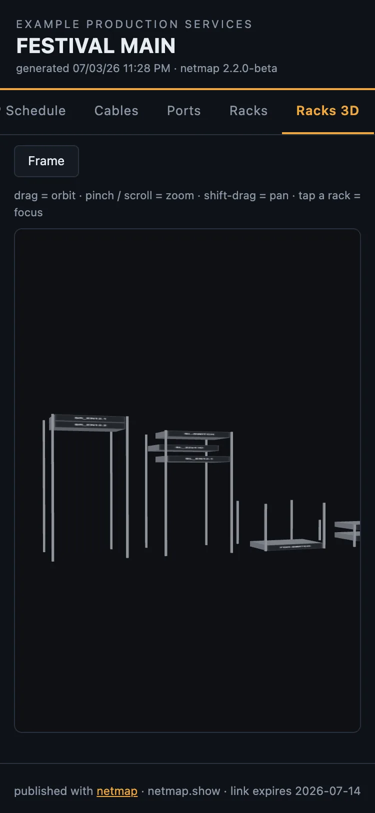Published show on a phone: the 3D rack orbit view